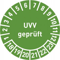 UVV geprüft Jahr 14-19, mit Monatsangabe, in rot,blau,grün