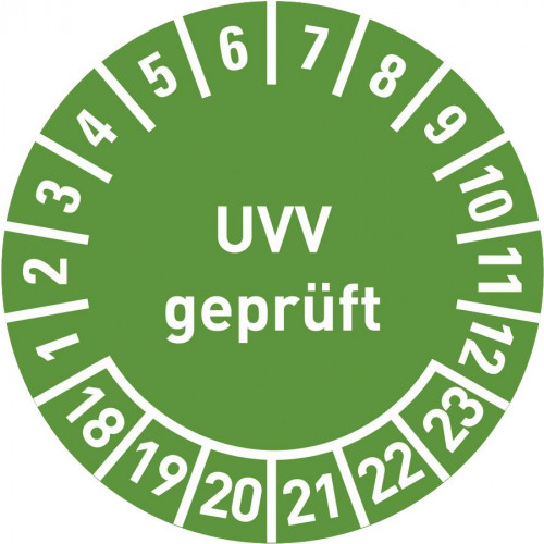 UVV geprüft Jahr 14-19, mit Monatsangabe, in rot,blau,grün